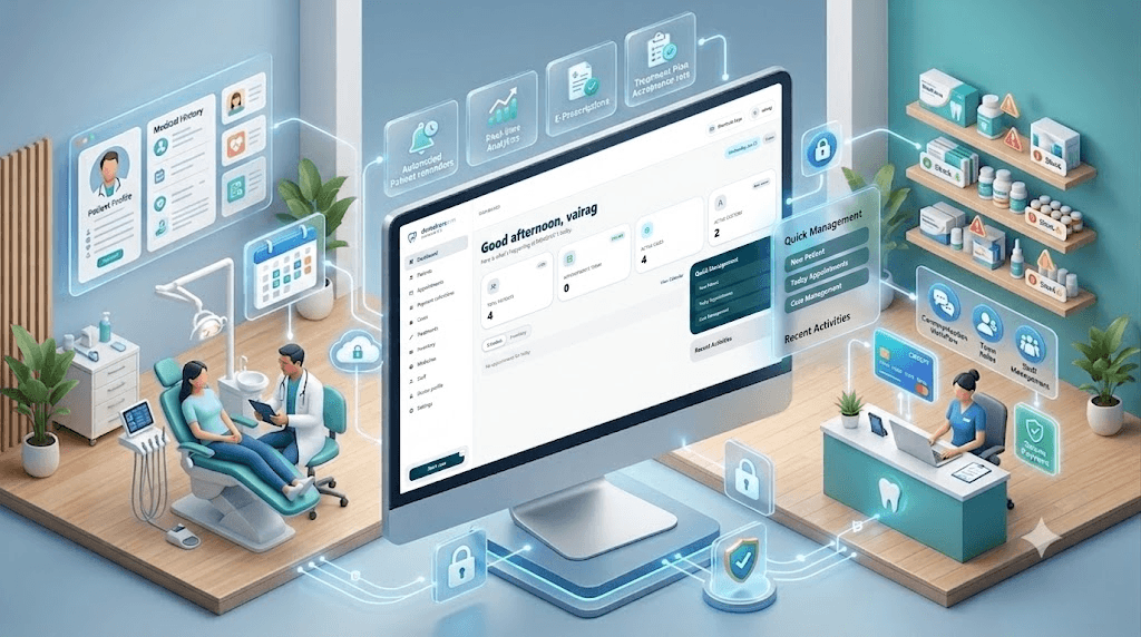 Dental clinic management software dashboard with patient records, appointments, and billing